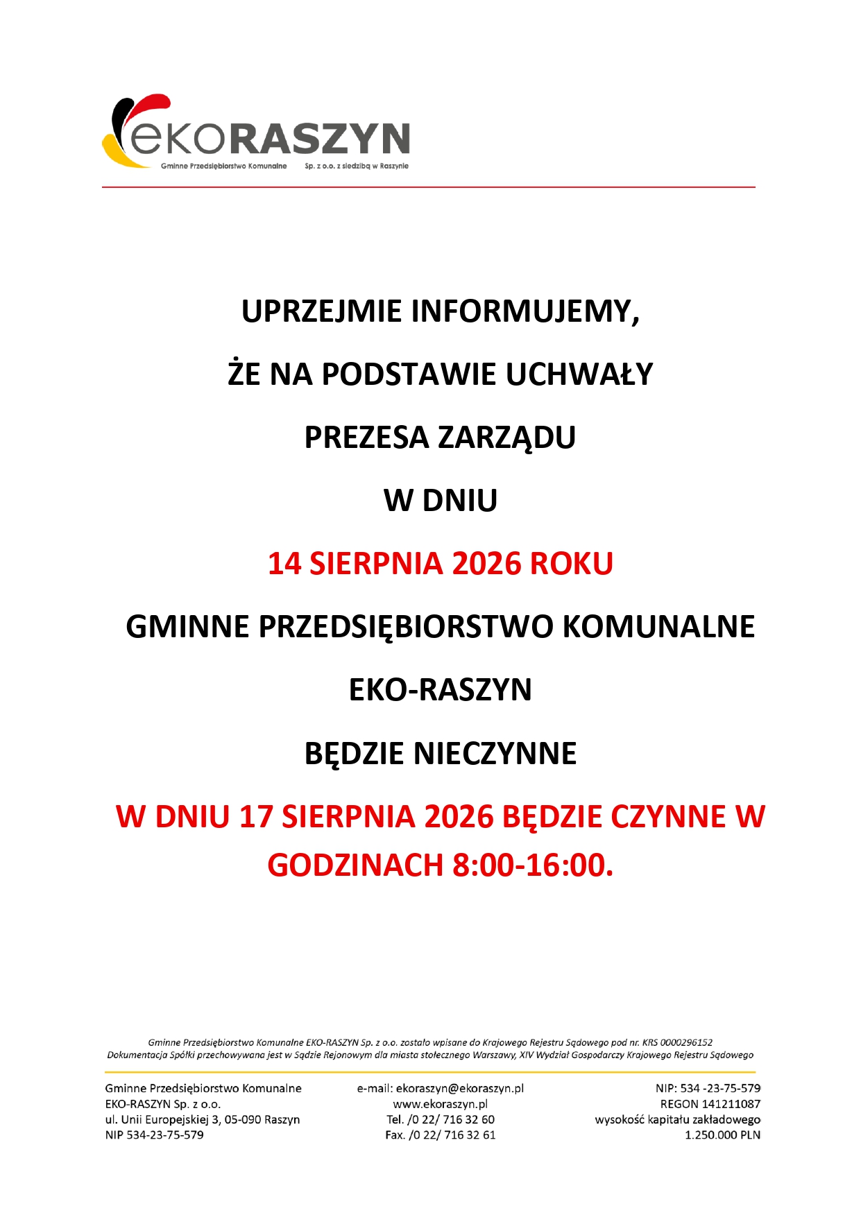 Informacja o nieczynności EKO-RASZYN w dniu 14 sierpnia 2026 roku