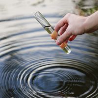 Water sample. Hand collects water to explore. Concept - water purity analysis, environment, ecology. Water testing for infections, permission to swim. selective focus, place for text